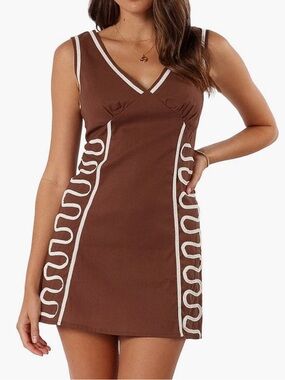 Brown V-Neck Mini Dress with White Trim